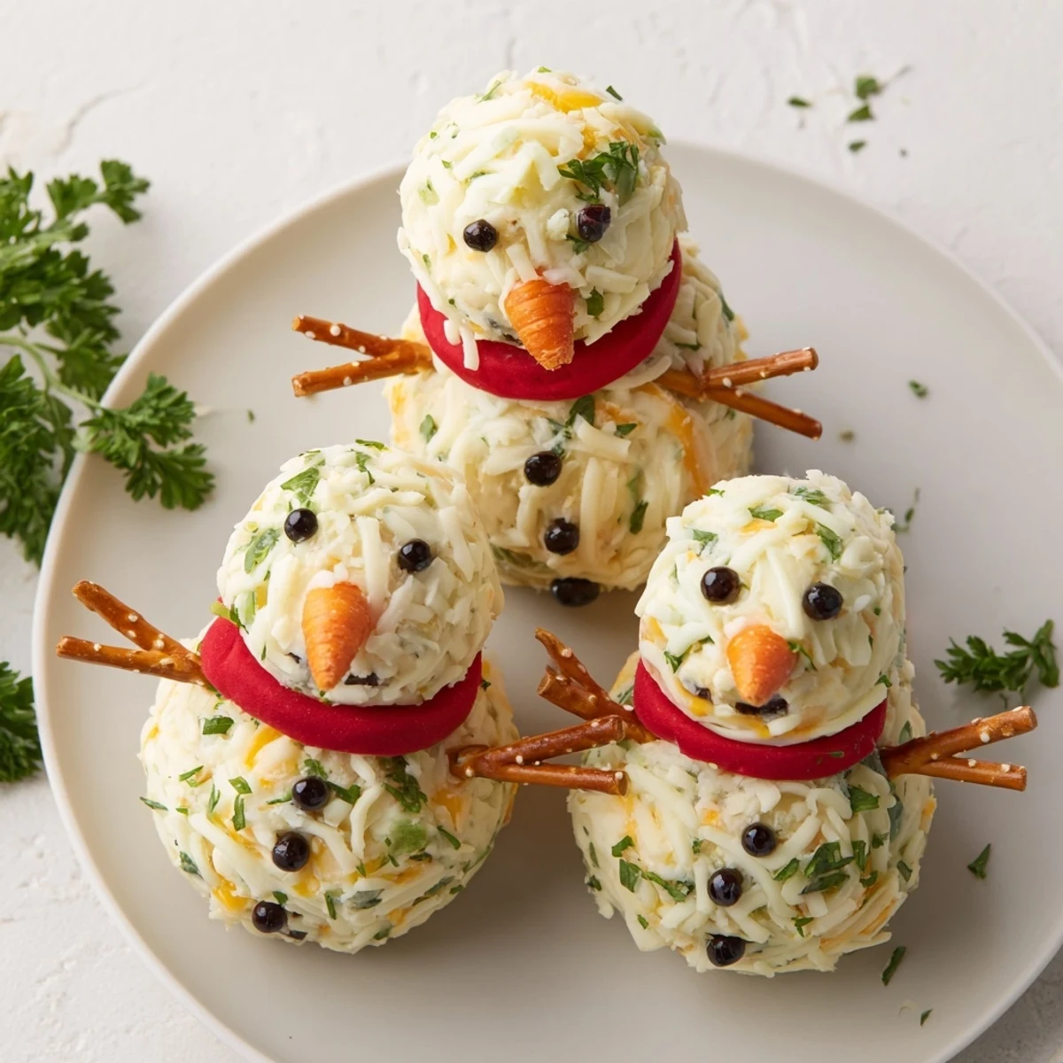 Festive Snowman Cheese Ball Trio recipe: Close-up of cheesy snowmen decorated with veggies.