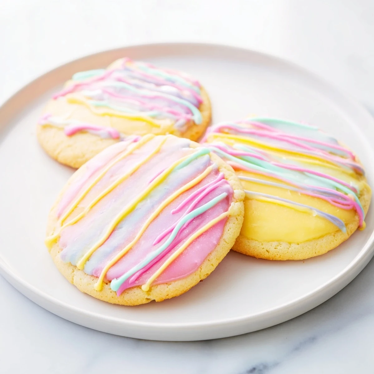 Close-up of sugar cookie plate, showcasing the vibrant icing drizzle after cooling.
