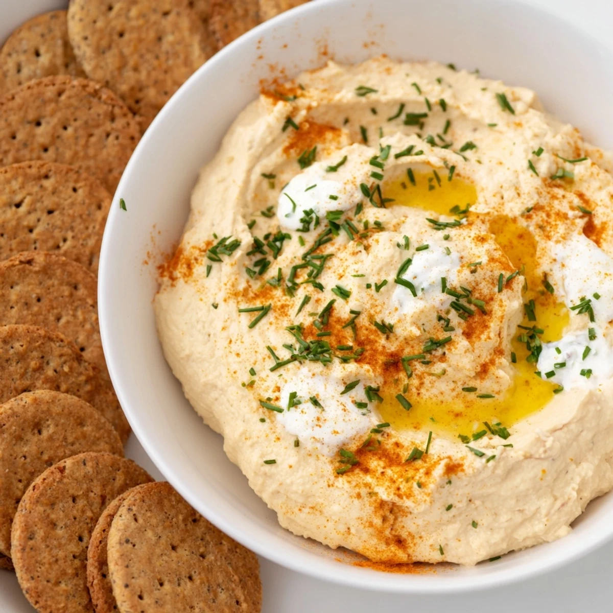 The easy dips recipe, with vibrant colors, displays both hummus and a creamy yogurt dip with crackers.