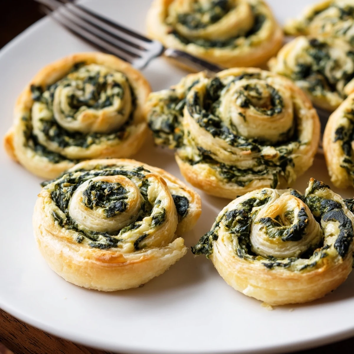Warme, frisch gebackene Savory Spinach Feta Pinwheel Spirals, dekoriert mit Kräutern und köstlichem Käse.