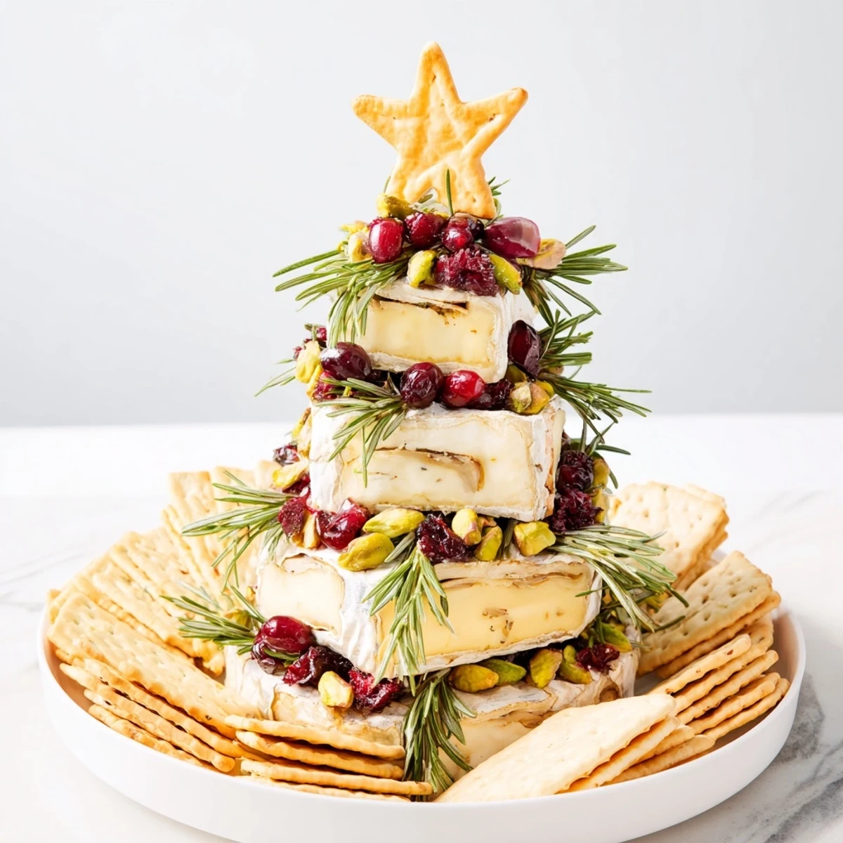 A festive Simple Brie Triangle Cheese Tree appetizer with rosemary and cranberries.