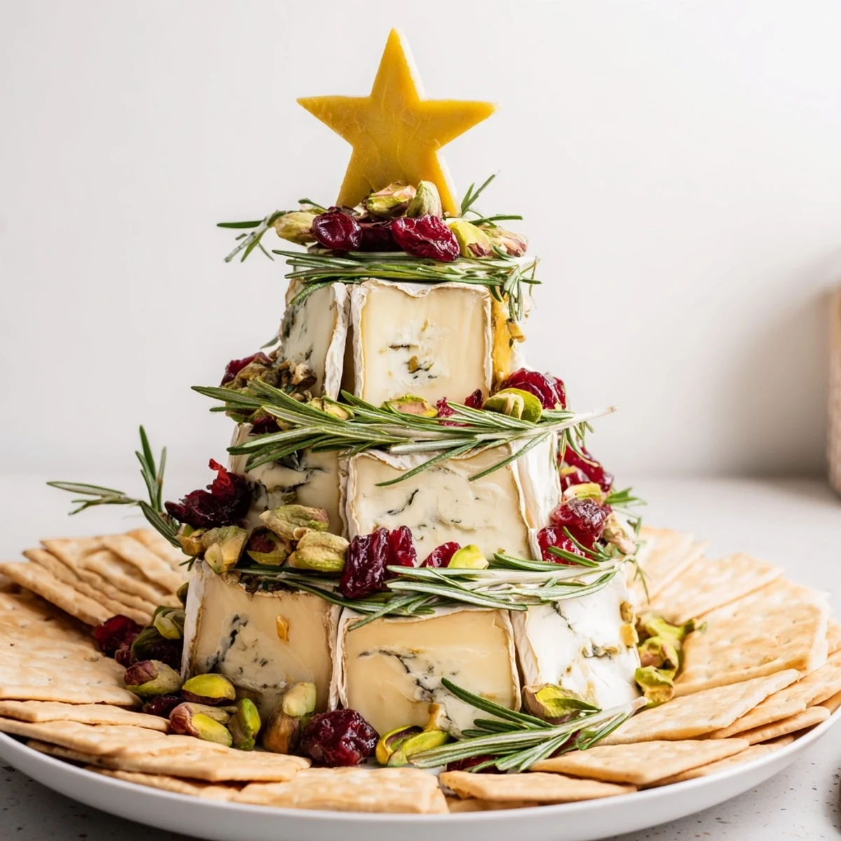 This elegant, layered Simple Brie Triangle Cheese Tree shows creamy cheese wedges decorated.