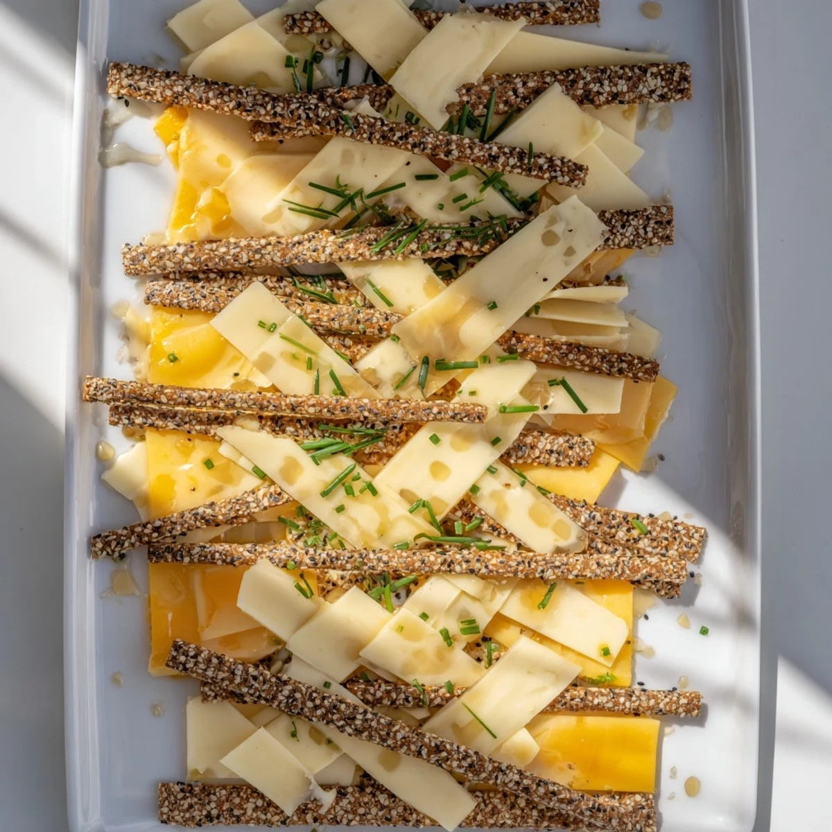 Delicate Garden Gate Lattice appetizer, cheese woven with crackers, garnished with fresh chives, ready to serve.