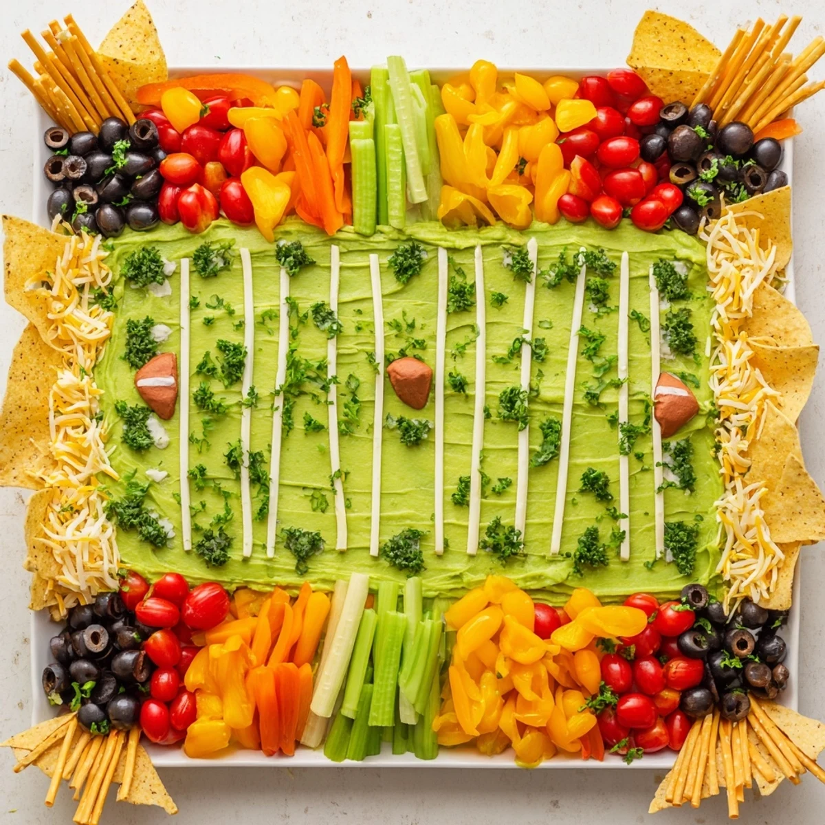 Delicious Game Day Football Field Snack Board with vibrant dips, chips, and fresh veggie sticks for your party.