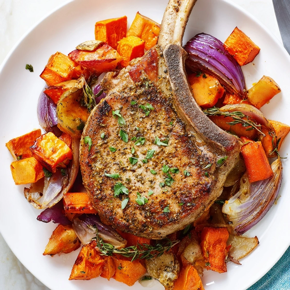 Juicy The Perfect Sheet Pan Pork Chop & Roasted Root Veggies, ready to eat with golden, caramelized vegetables.