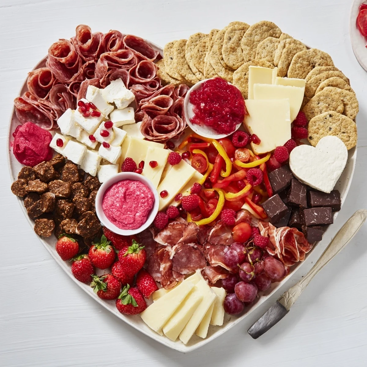 Romantic The Heart of Romance Board overflowing with fresh fruits, meats, and cheeses, a visually stunning appetizer.