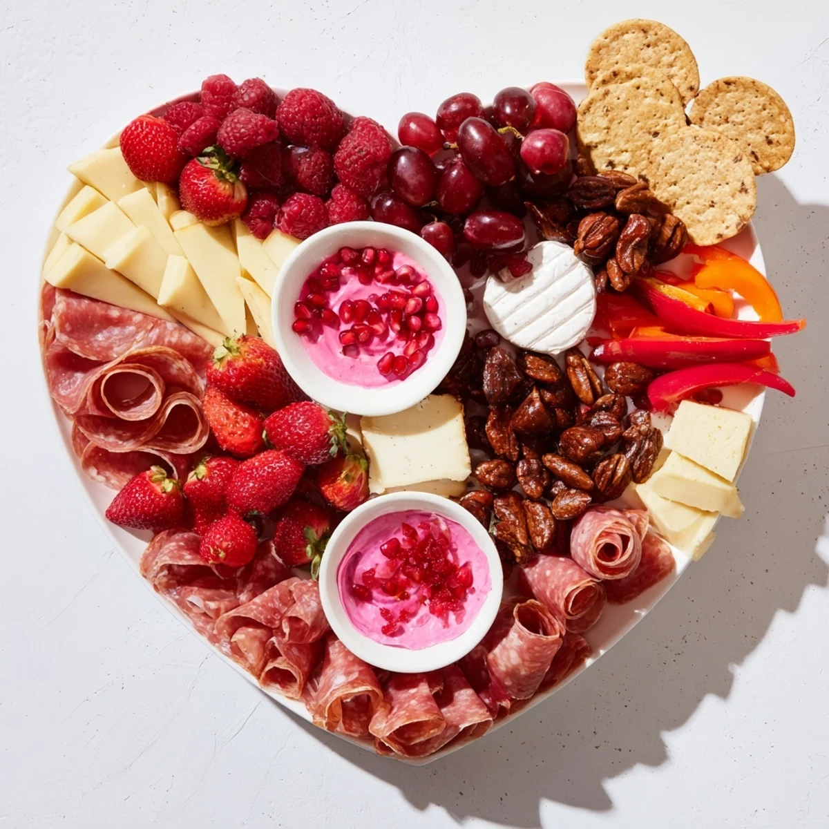 A vibrant The Heart of Romance Board, perfect for sharing, features berries, nuts, and charcuterie for Valentine's.