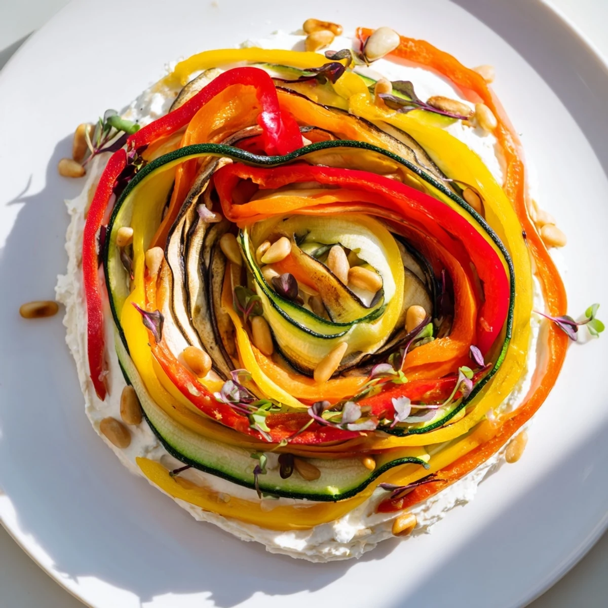 The Snail Shell Spiral appetizer features colorful roasted vegetables spiraling over creamy goat cheese.