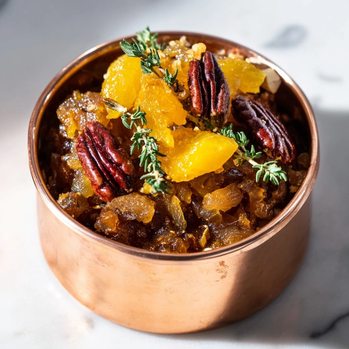 A close-up of The Copper Kettle, a vegetarian appetizer with beautiful caramelized onions and fruit.
