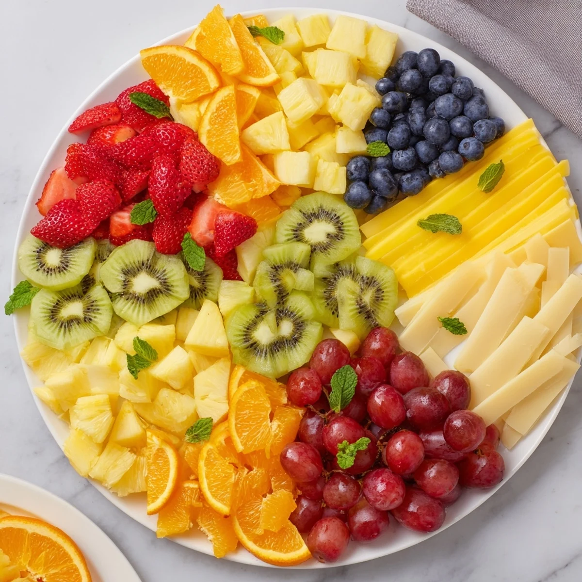 This stunning Kaleidoscope Circle showcases freshly arranged fruit wedges and creamy cheeses perfectly.