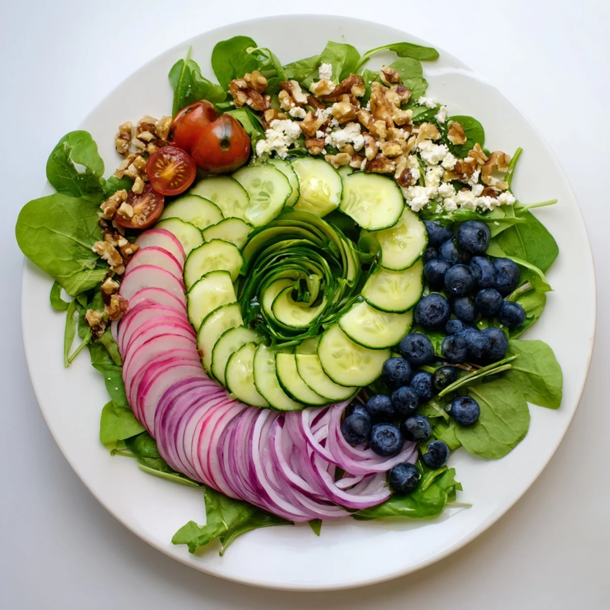 Fibonacci Fan Salad: a vibrant, visually stunning salad with fresh veggies and creamy feta cheese.