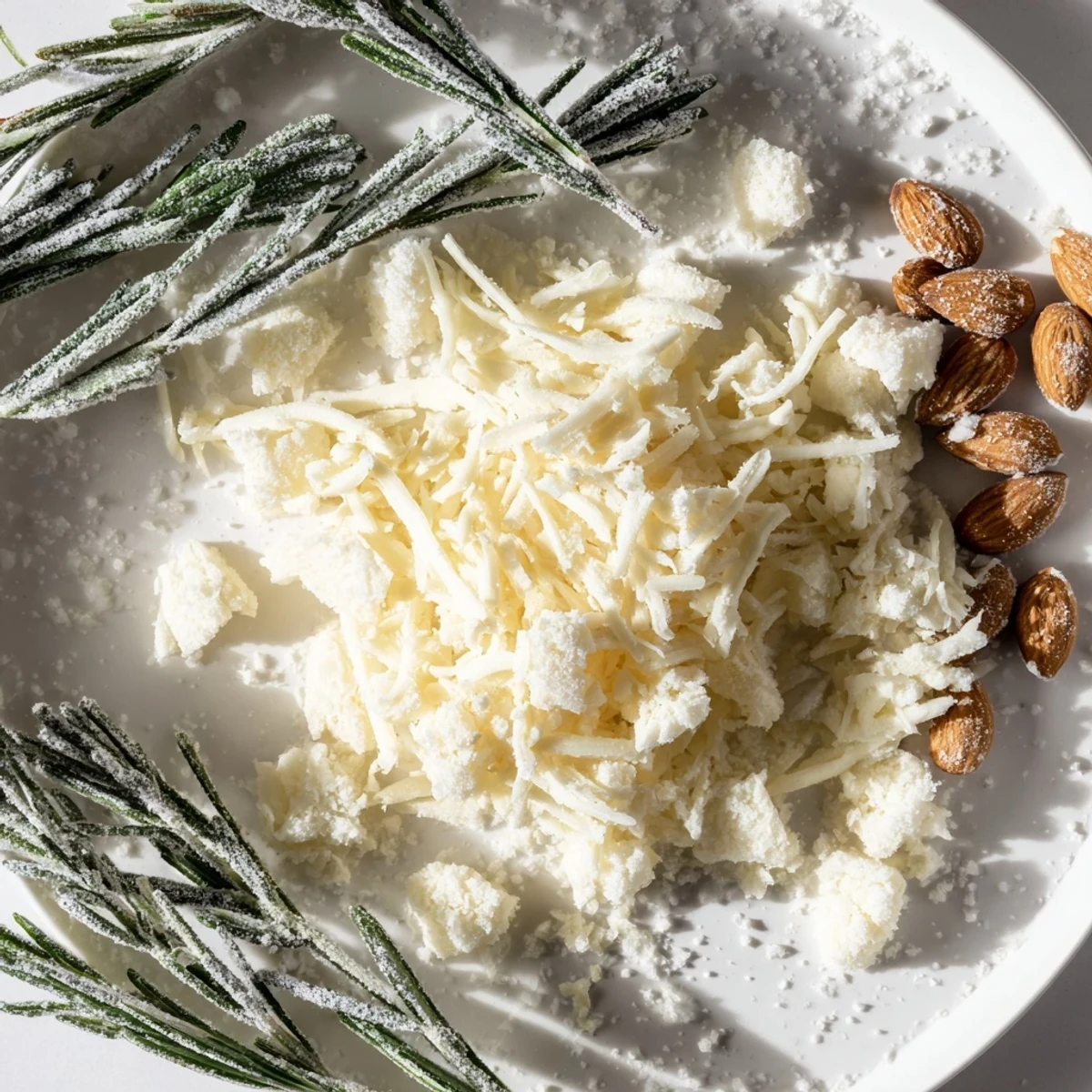 A festive cheese board, The Frosted Pine, featuring sugared rosemary "pine trees" for a winter snack.