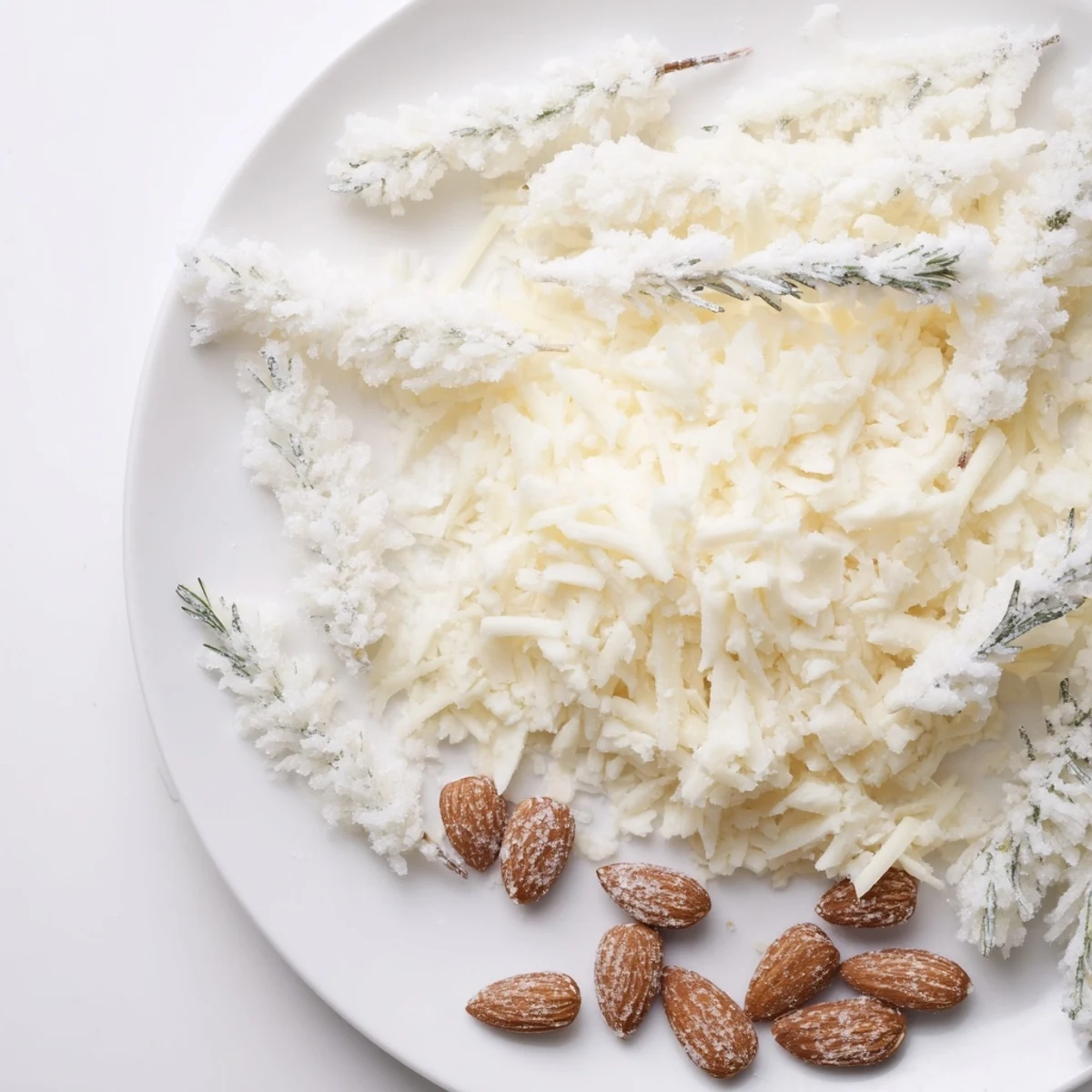 Close-up of The Frosted Pine: a winter cheese platter with sugared rosemary and almond pinecones.