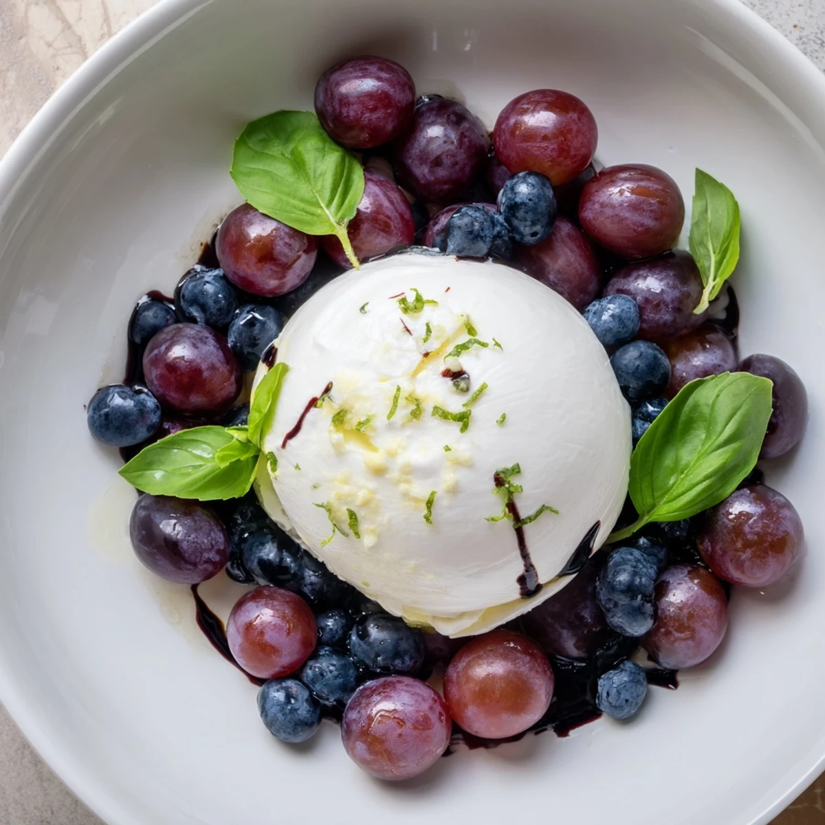 The image displays a vibrant Moonlit Lagoon salad with juicy grapes and creamy burrata.