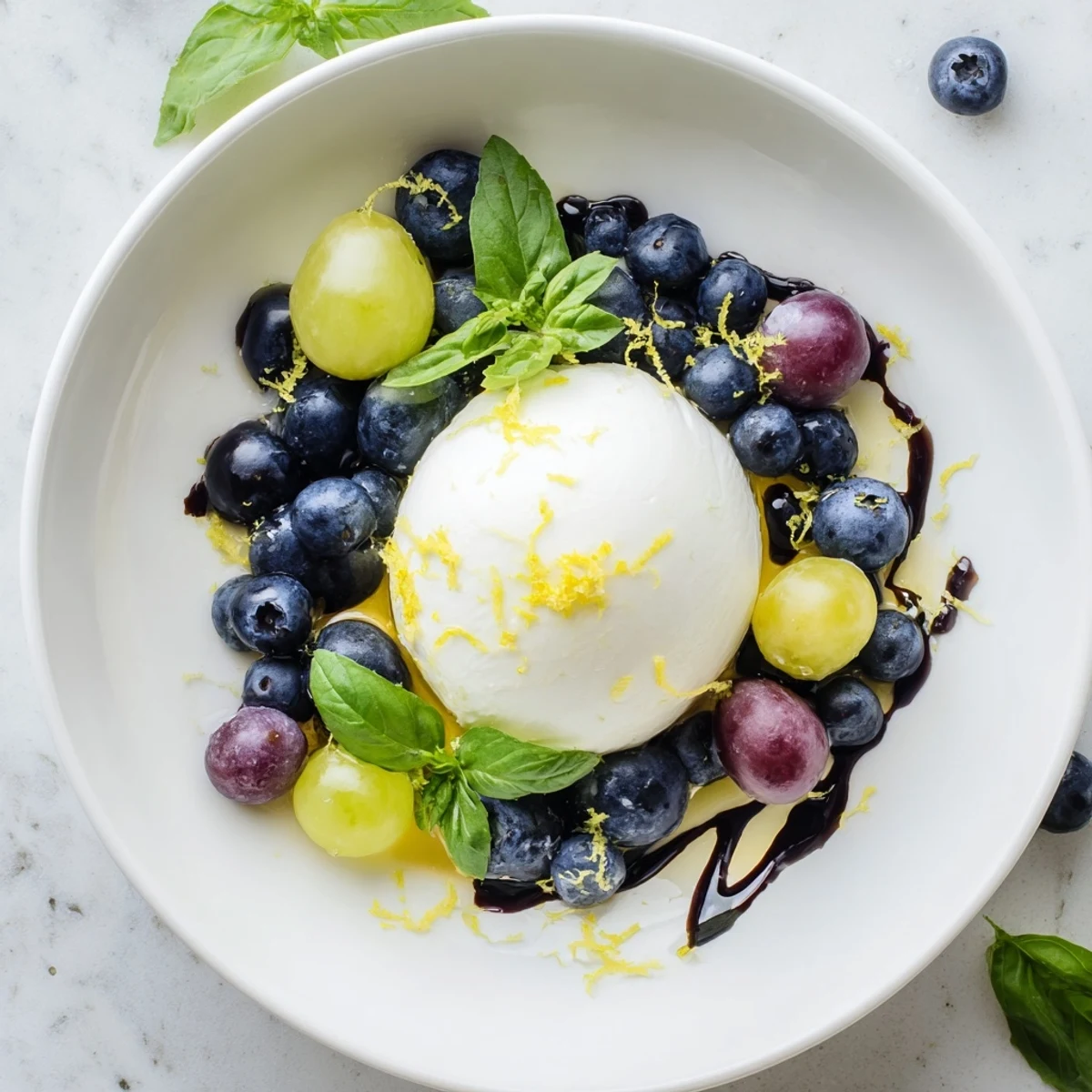 This recipe photo shows the beautiful Moonlit Lagoon, a summer salad with fresh blueberries.