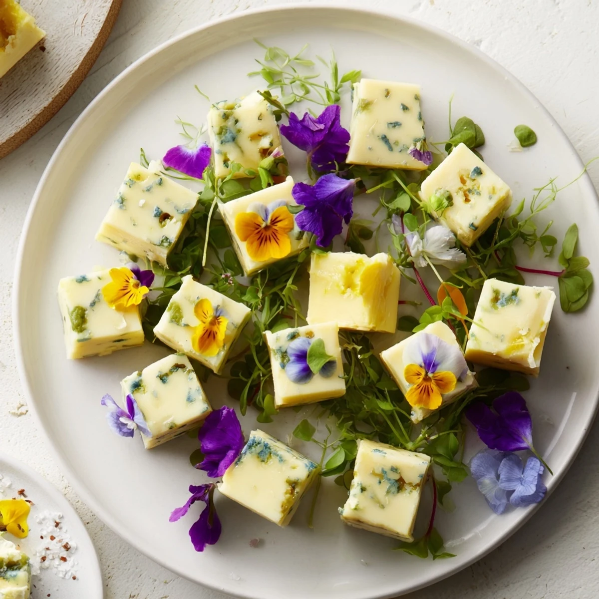 The Secret Garden appetizer features colorful edible flowers and hidden cheese cubes.