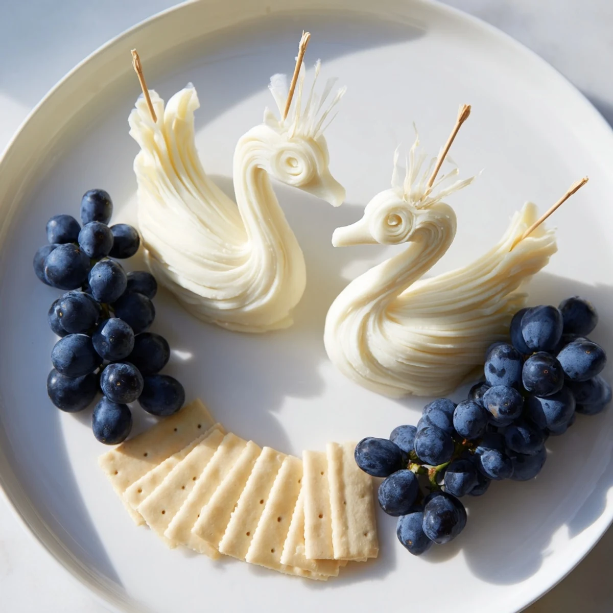 Elegant Swan Lake Board with cheese swans and vibrant blue grapes for a stunning appetizer.