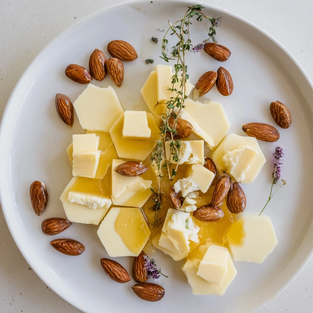 Glorious Honeycomb Hexagon Maze cheese platter, honey-glazed and overflowing with textures, ready for guests.