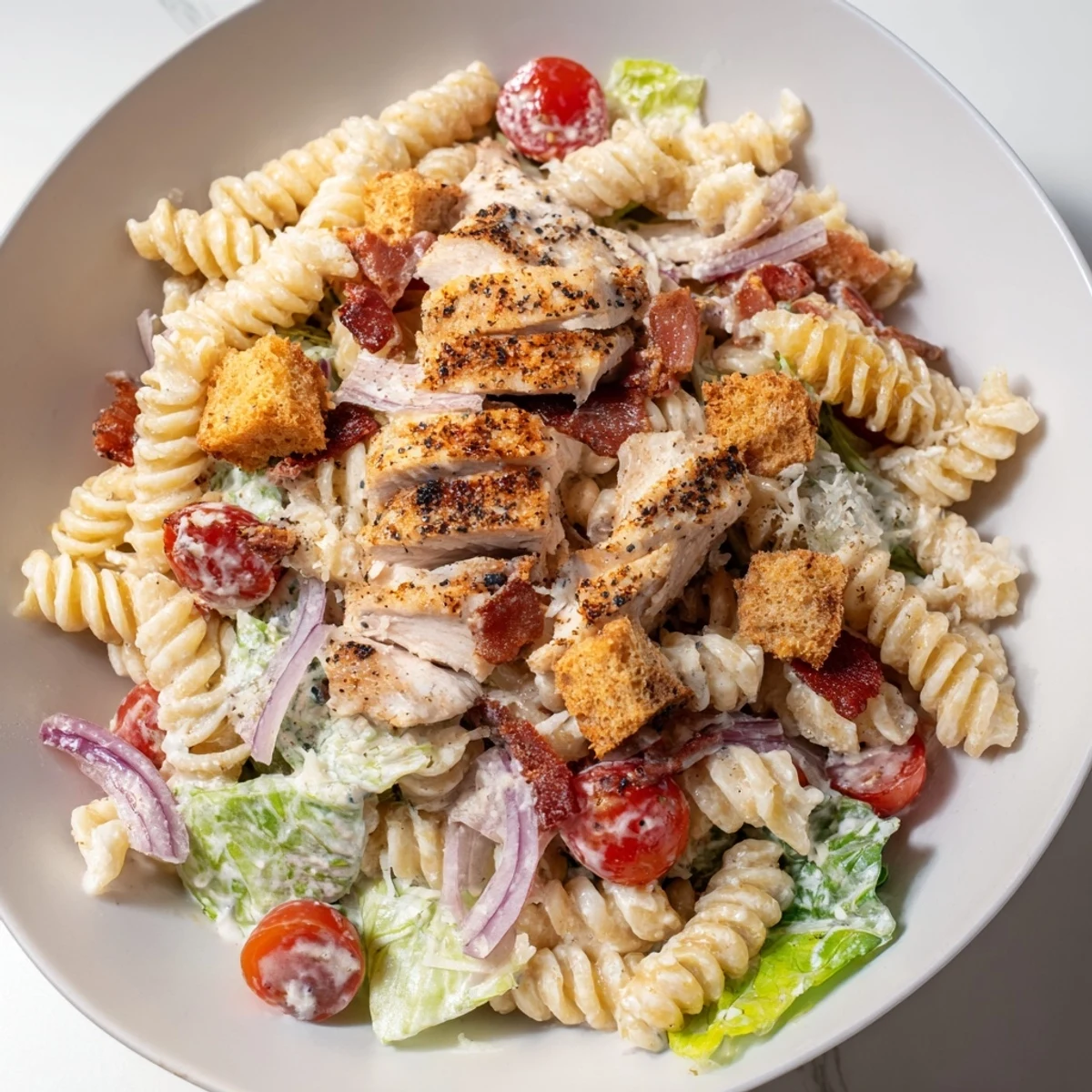 Chicken Caesar Pasta Salad with grilled chicken and a creamy Caesar dressing in a bowl.