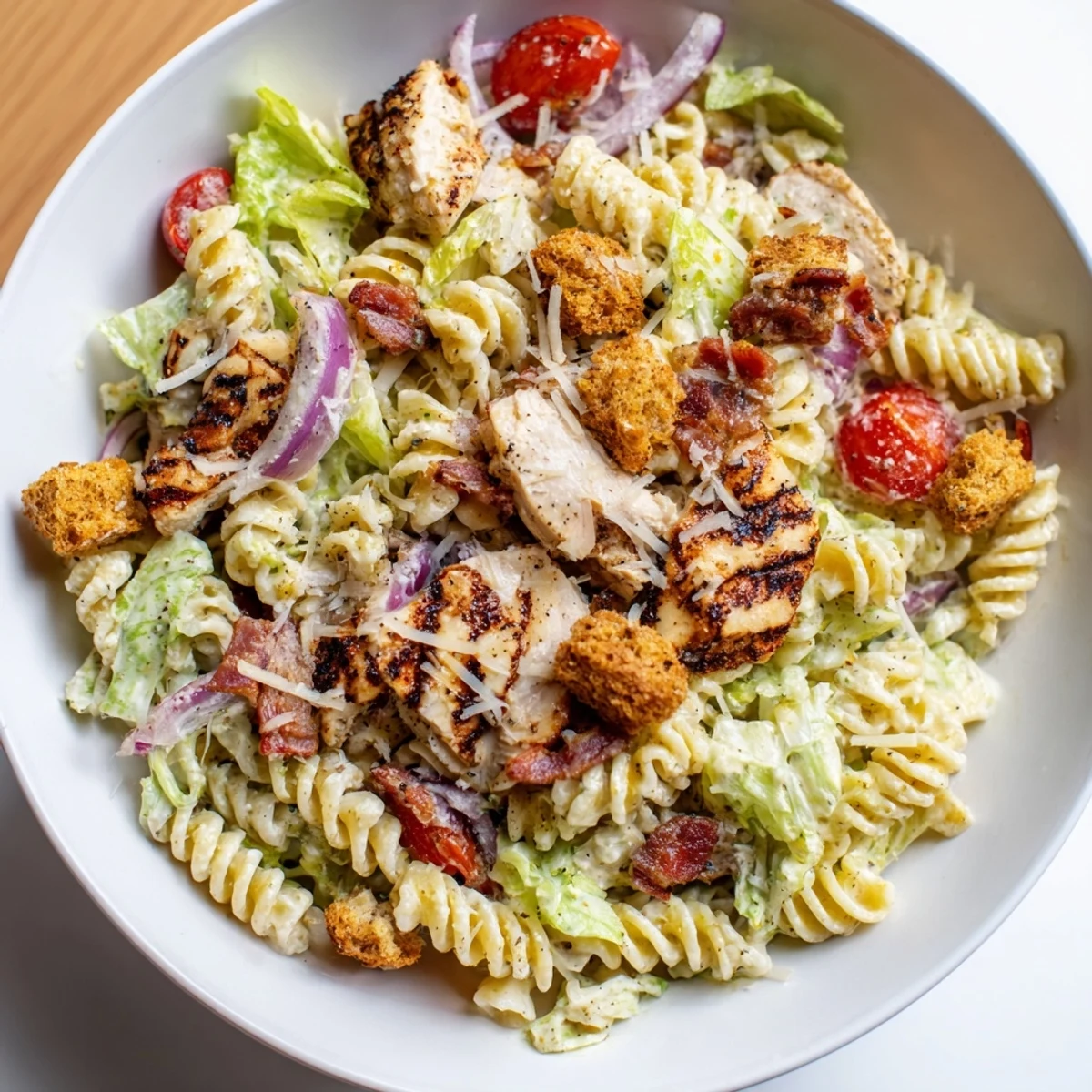 Delicious Chicken Caesar Pasta Salad: rotini pasta coated in Caesar dressing and a sprinkle of cheese.
