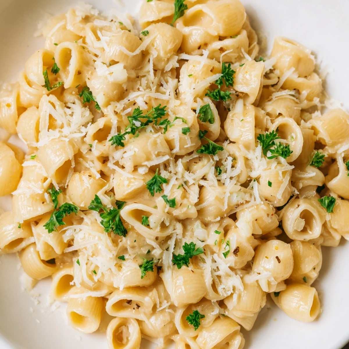 A steaming bowl of comforting One-Pot Garlic Butter Ditalini, flavored with garlic and Parmesan, a quick dinner.