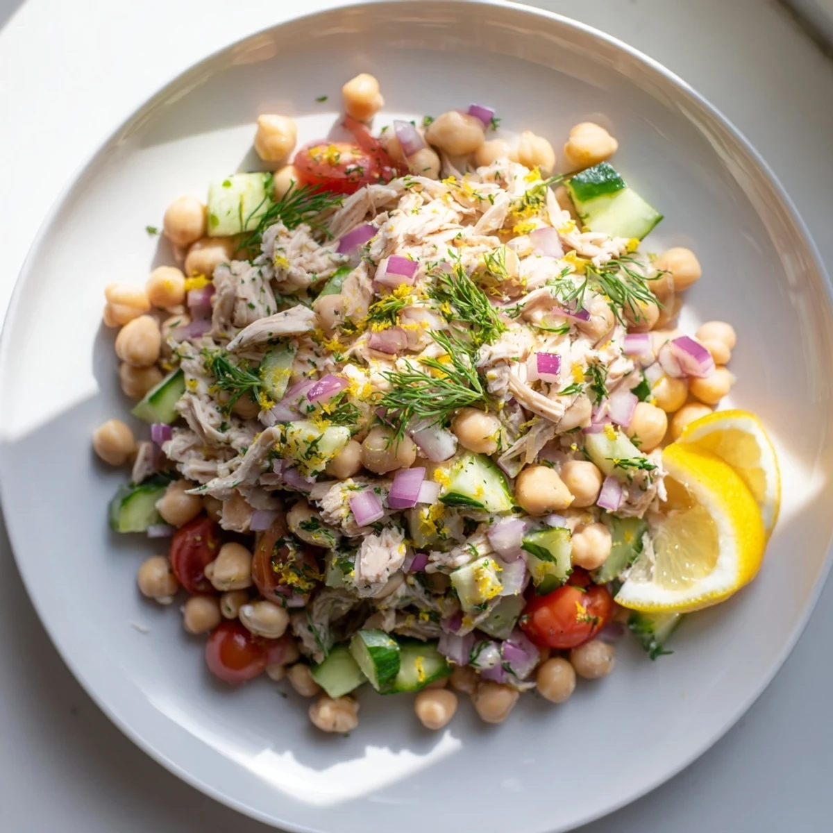 A generous serving of dense bean salad with lemon-dill chicken, full of fresh ingredients.