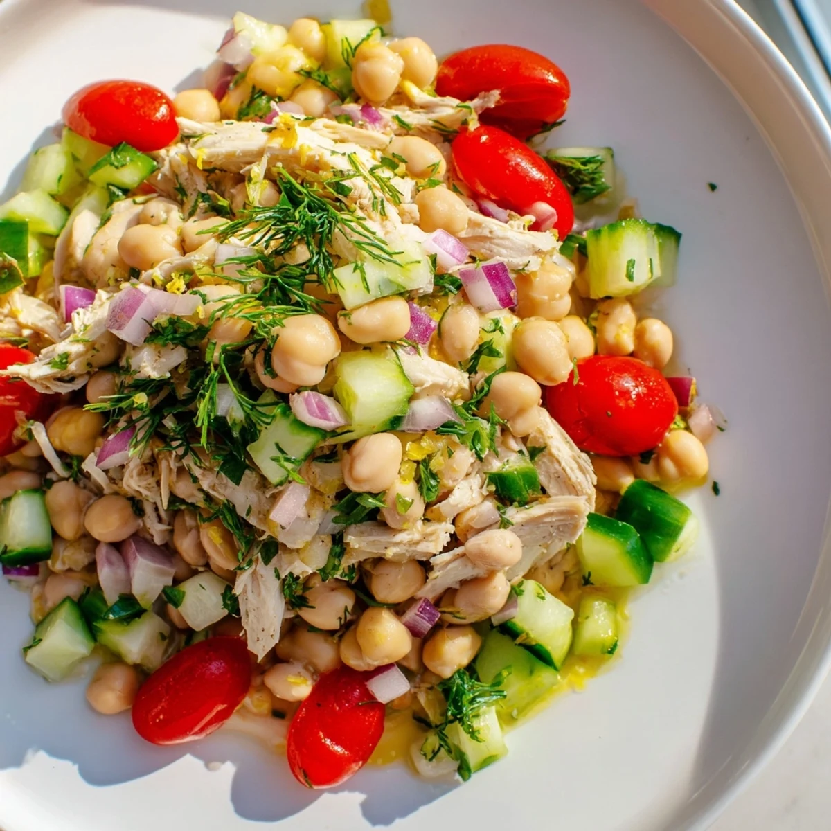 Bright, colorful close-up of dense bean salad with lemon-dill chicken, ready to be enjoyed.