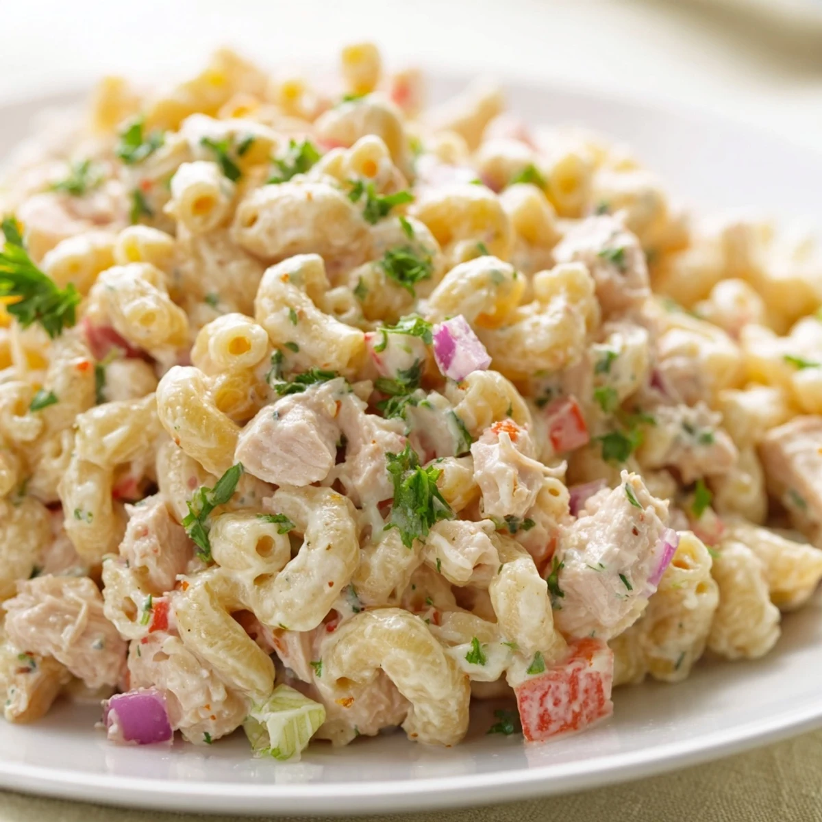 Homemade Chicken Macaroni Holiday Salad, ready to serve, garnished with parsley and paprika.