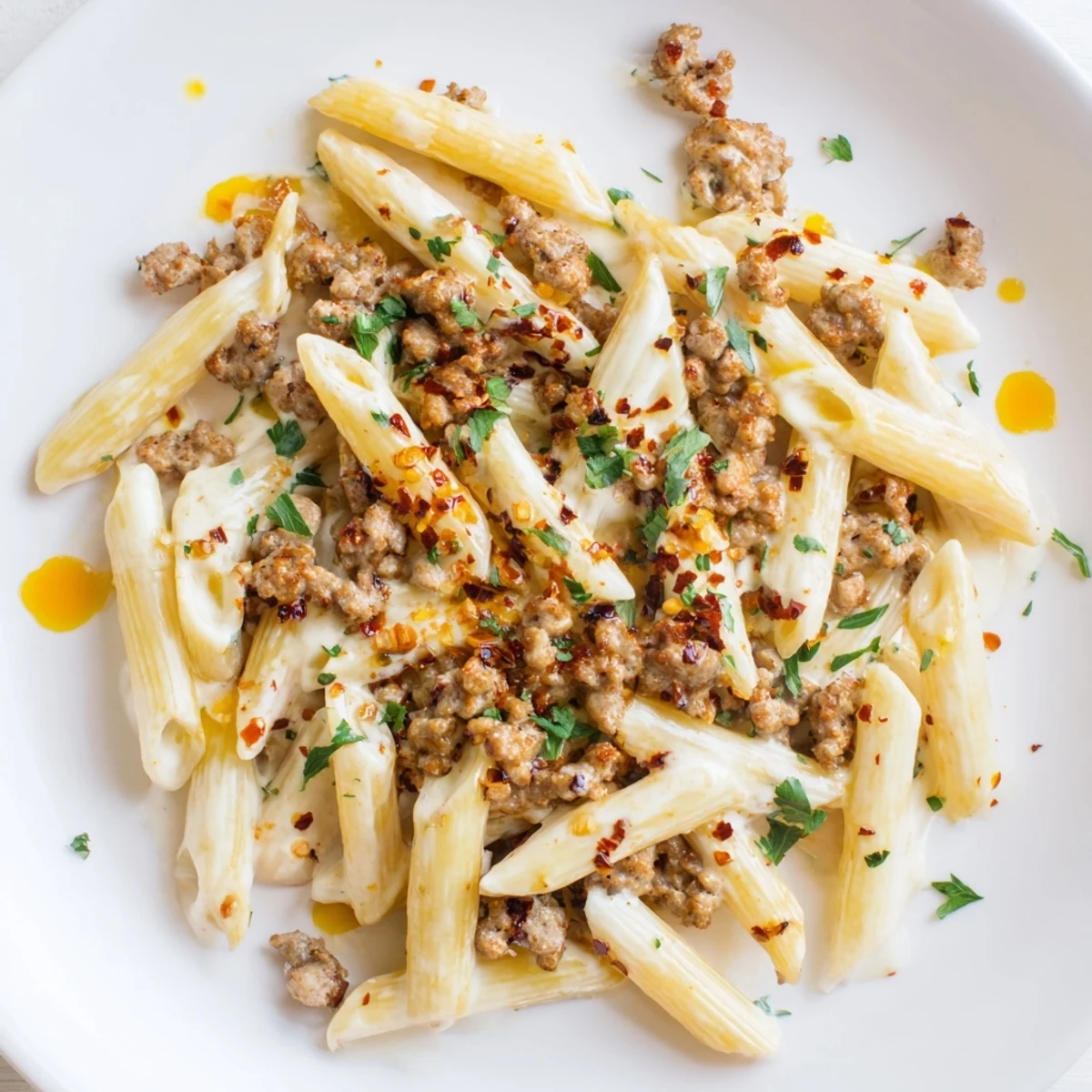A delicious plate of Turkish Pasta with Ground Turkey, drizzled with paprika butter and fresh herbs.