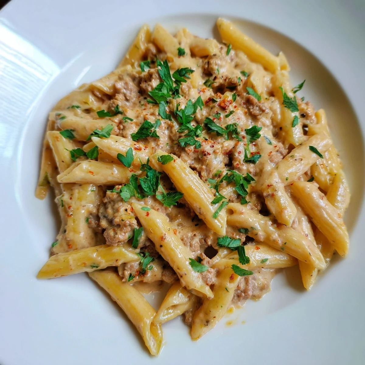 Warm, creamy Turkish Pasta with Ground Turkey, showcasing a close-up of the flavorful dish.