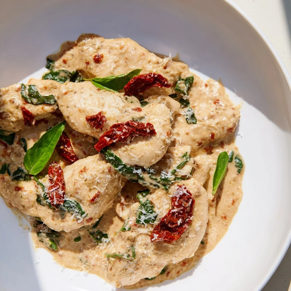 This Creamy Sun-Dried Tomato Chicken Skillet displays a close-up of tender chicken, perfectly coated in vibrant sauce.