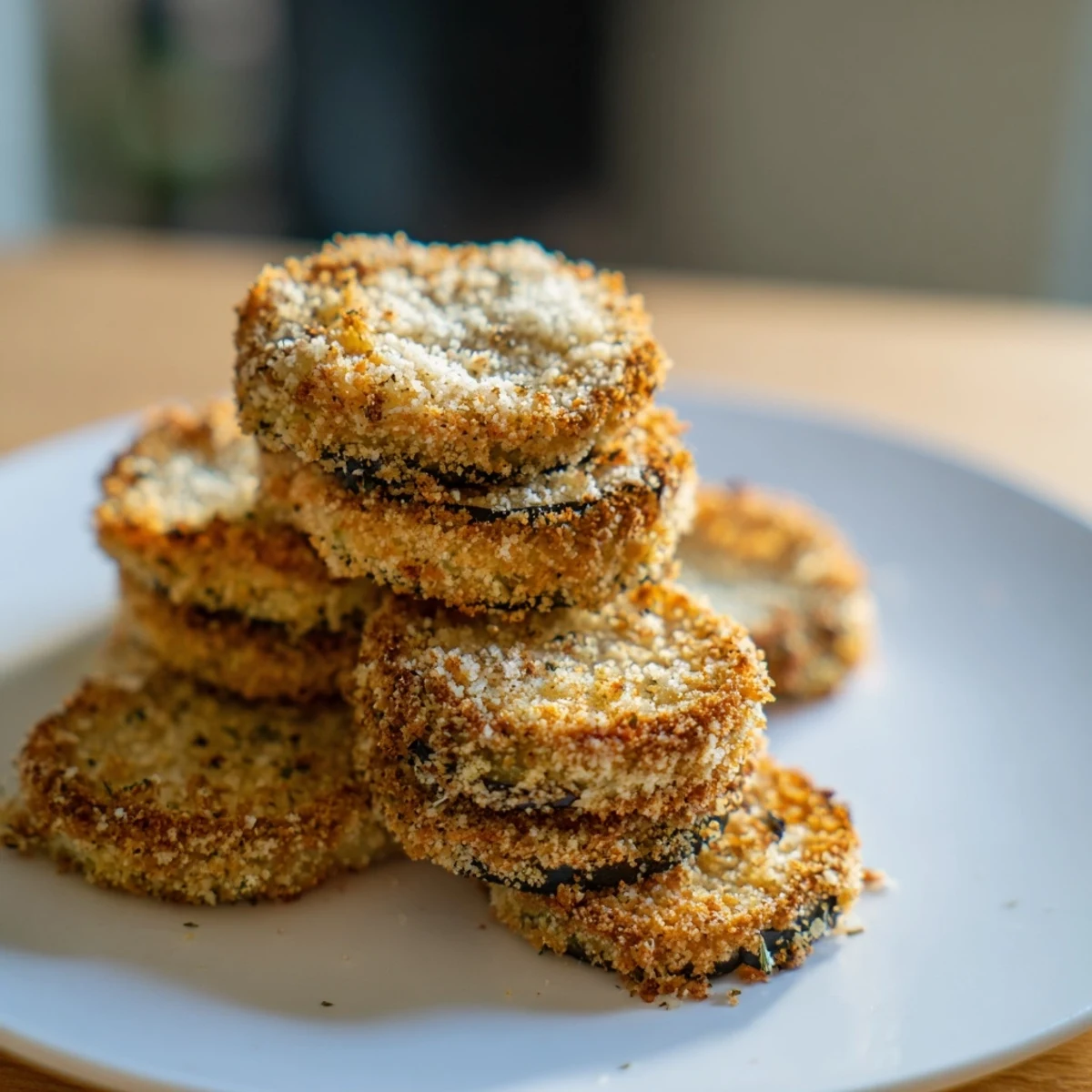 Golden, crispy Crispy Eggplant Parmesan Chips fresh from the oven, perfect with marinara sauce for dipping.
