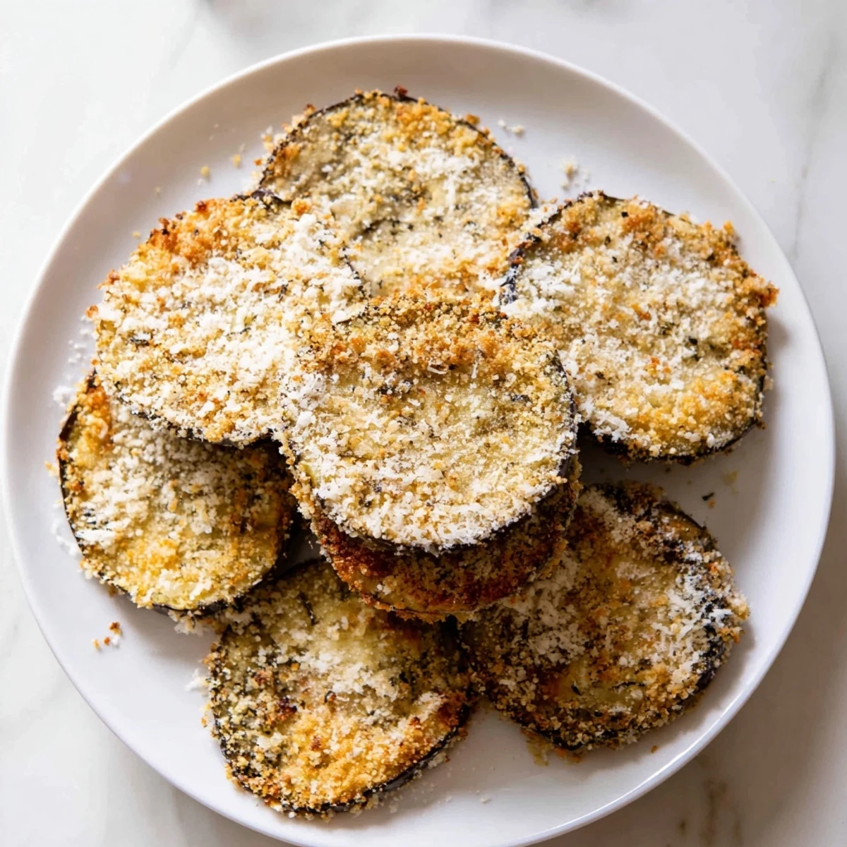 Close-up of baked Crispy Eggplant Parmesan Chips, showing their crunchy texture and golden, cheesy coating.