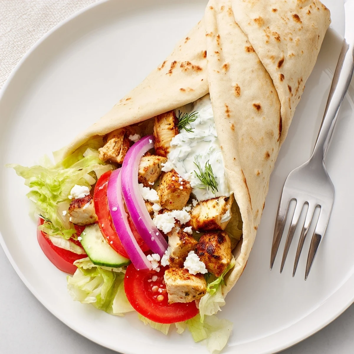 Juicy grilled chicken skewers inside a Greek chicken souvlaki wrap, served with crisp lettuce and tomato.