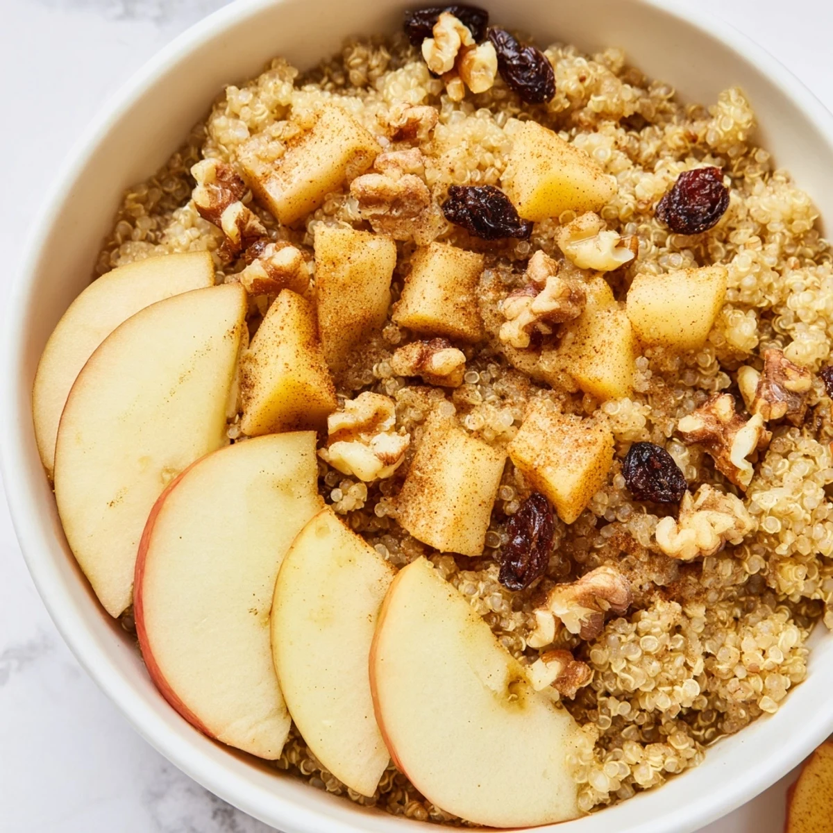Enjoy the delicious blend of flavors in this inviting apple cinnamon quinoa bowl, served warm with toppings.