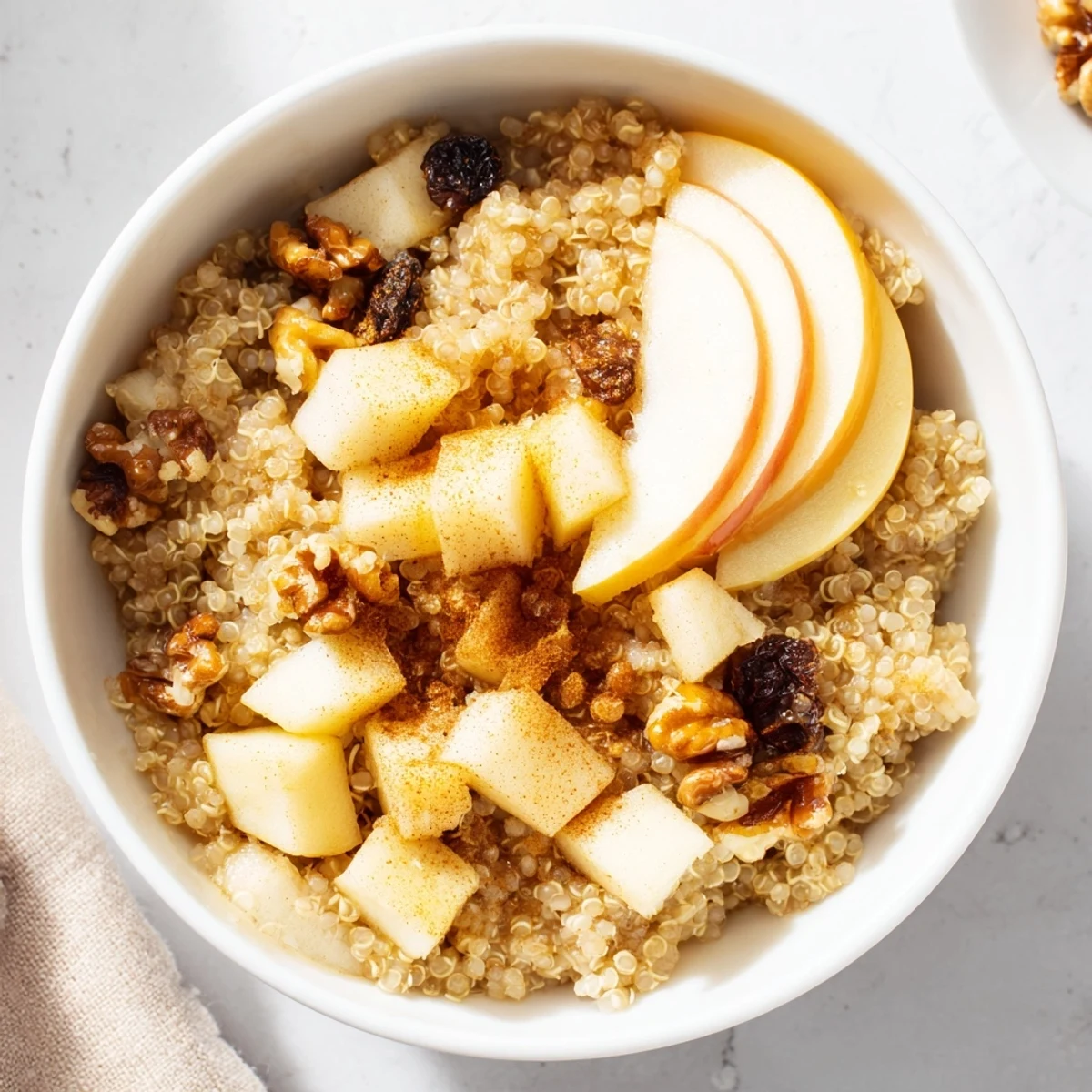 A close-up of a delightful apple cinnamon quinoa bowl, showing textures, ready to eat this morning.