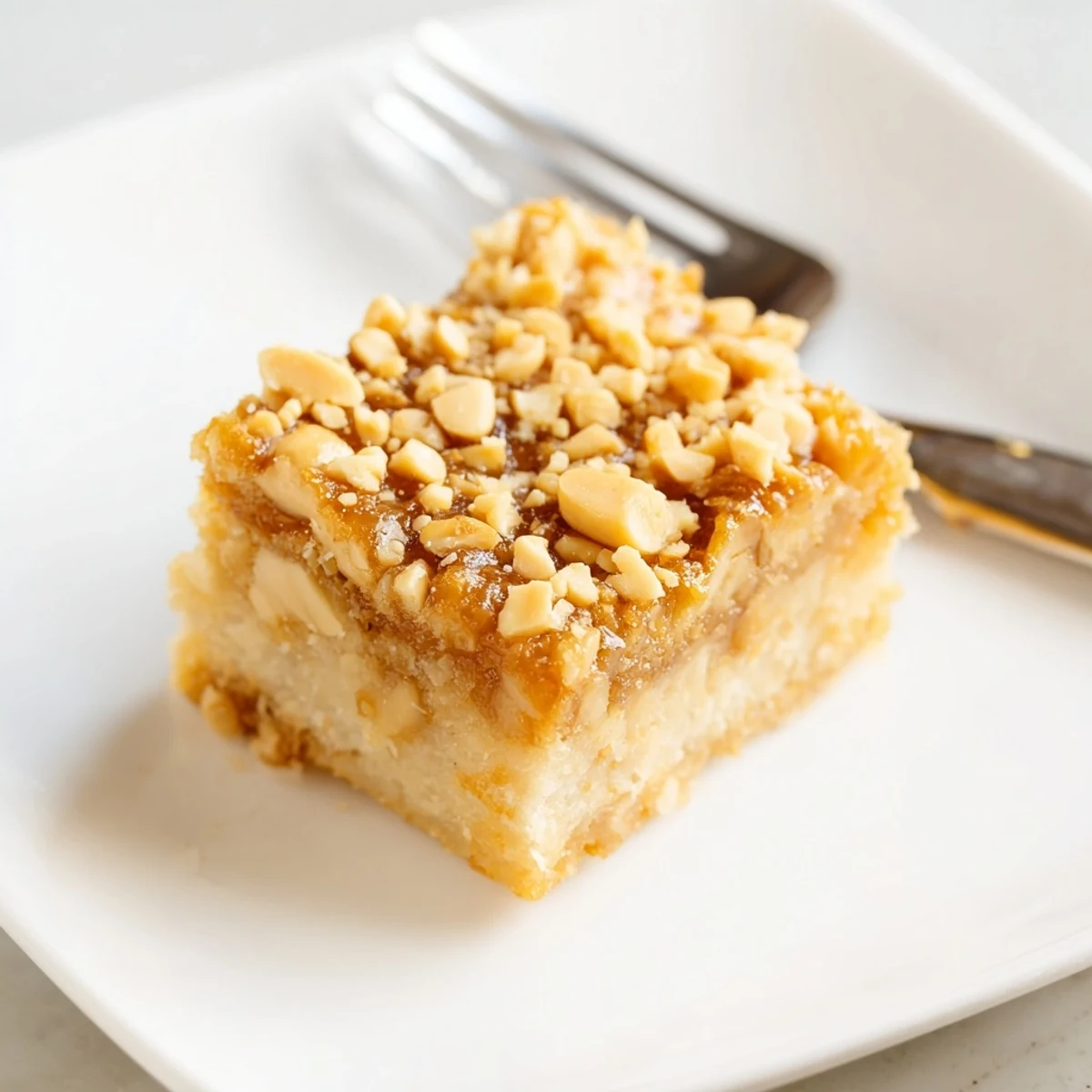 Golden-baked Peanut Butter Mochi Cake, with a soft, chewy texture perfect for dessert or a snack.