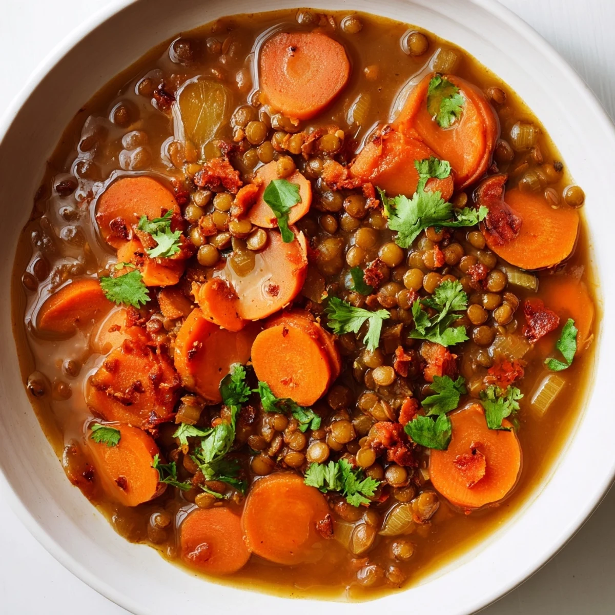 Steaming bowl of Spiced Carrot Lentil Soup, vibrantly orange, garnished with fresh cilantro, ready to serve.