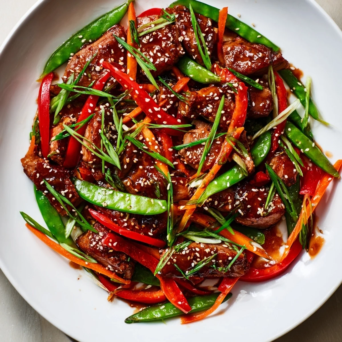 Vibrant Sweet Teriyaki Pork Stir-Fry with colorful vegetables and a sweet, savory sauce, ready to serve.