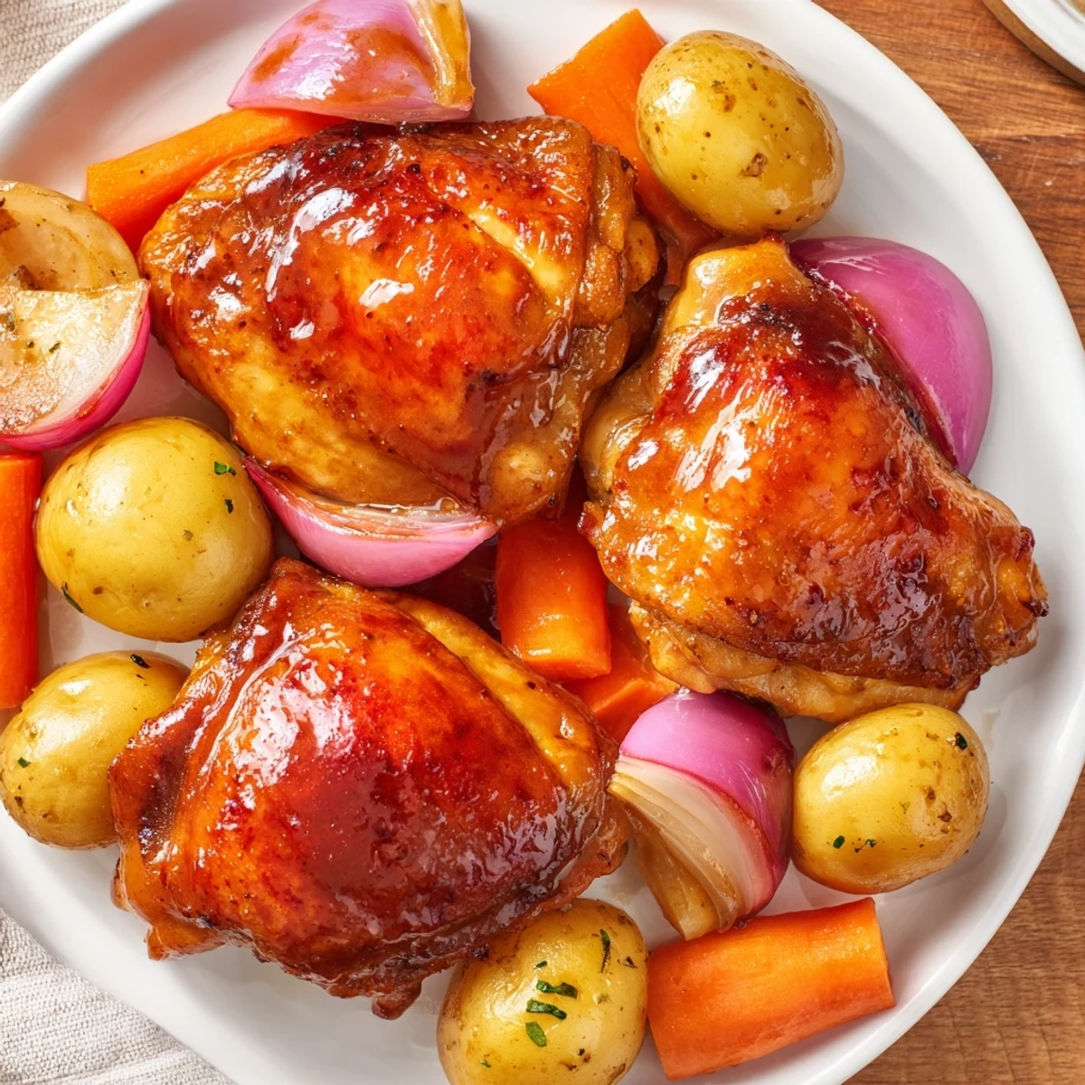 Maple Dijon Chicken Thighs on a sheet pan, glistening with sweet and tangy glaze, ready to serve.