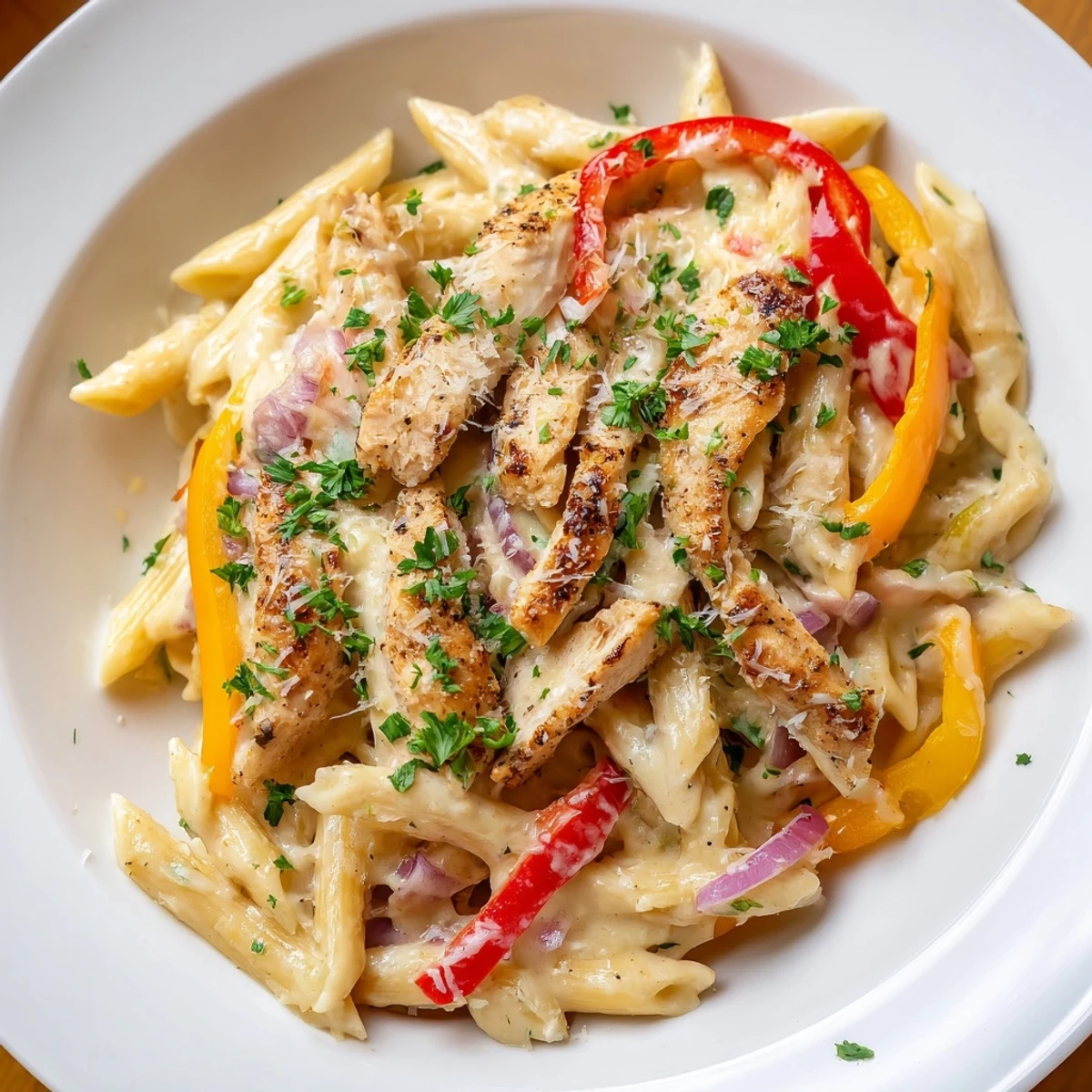 Saftige Cajun Chicken Pasta mit cremiger Soße, serviert mit frischem, gehacktem Petersilie.