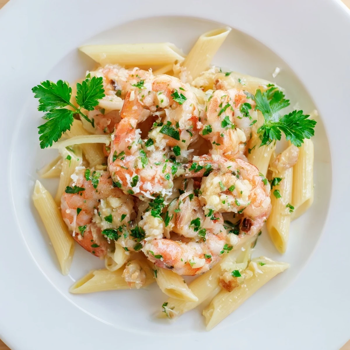 Garlic shrimp penne pasta with juicy shrimp and fresh parsley, a delicious Italian meal.