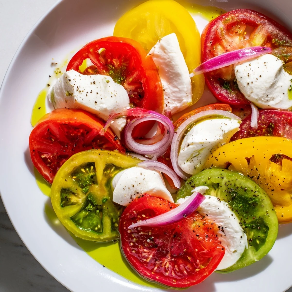 Summer Tomato Salad with Basil Oil and Fresh Mozzarella, a colorful, layered arrangement on a platter.