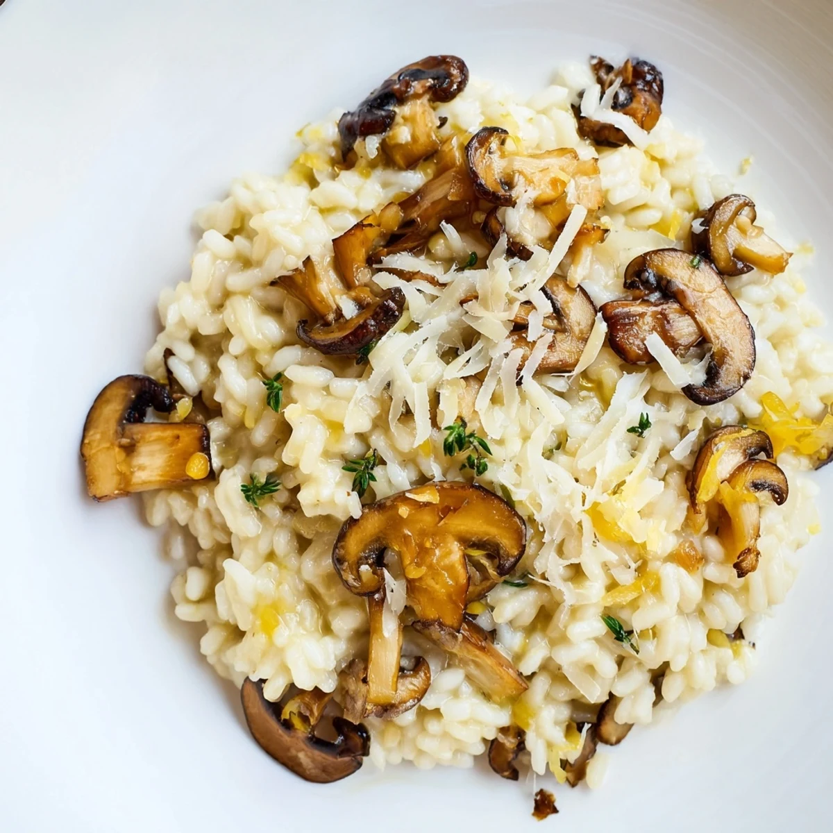 Golden, savory risotto with mushrooms, plated and ready for a delicious vegetarian meal.
