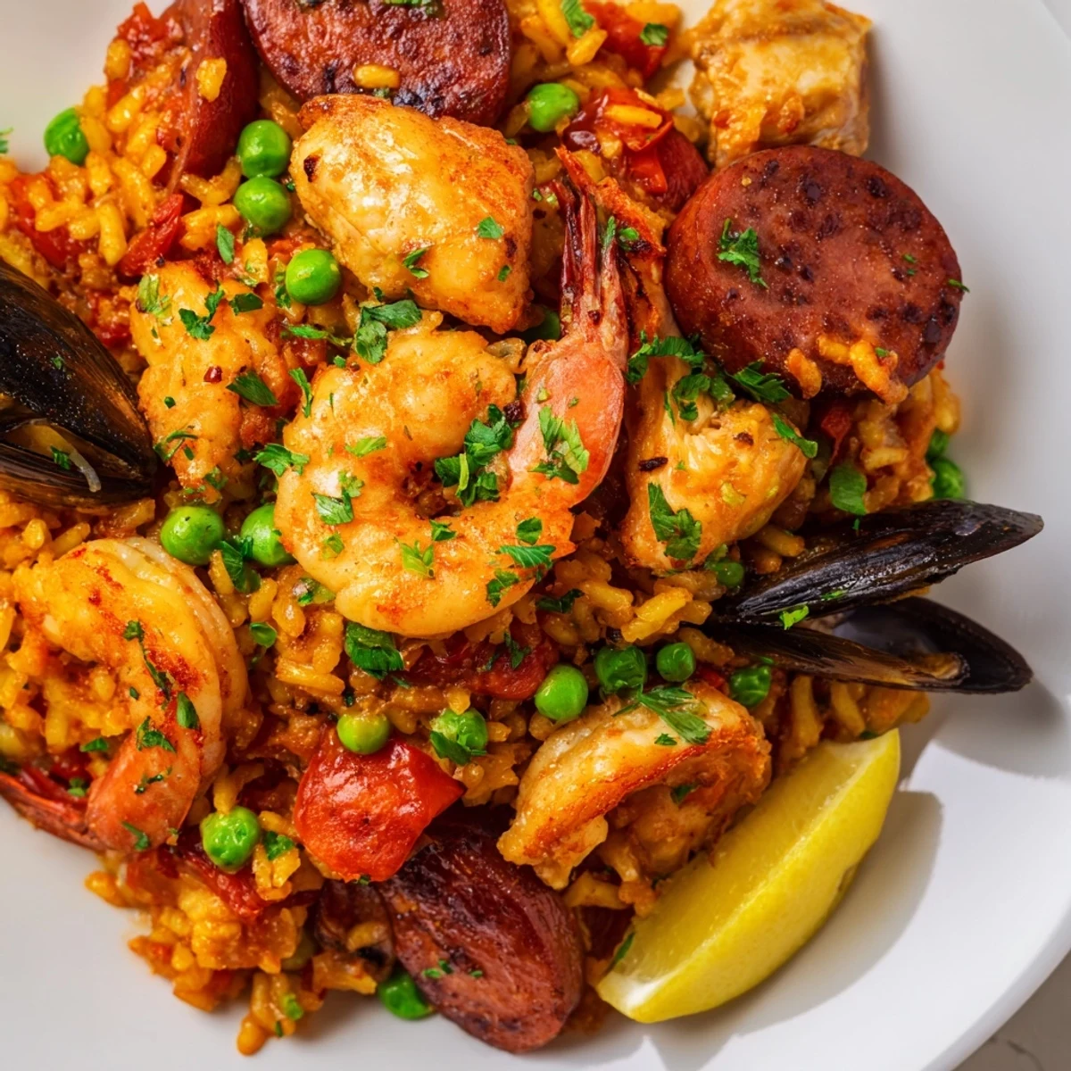 A fragrant pan of Paella Spanish rice with shrimp, mussels, and vibrant vegetables.