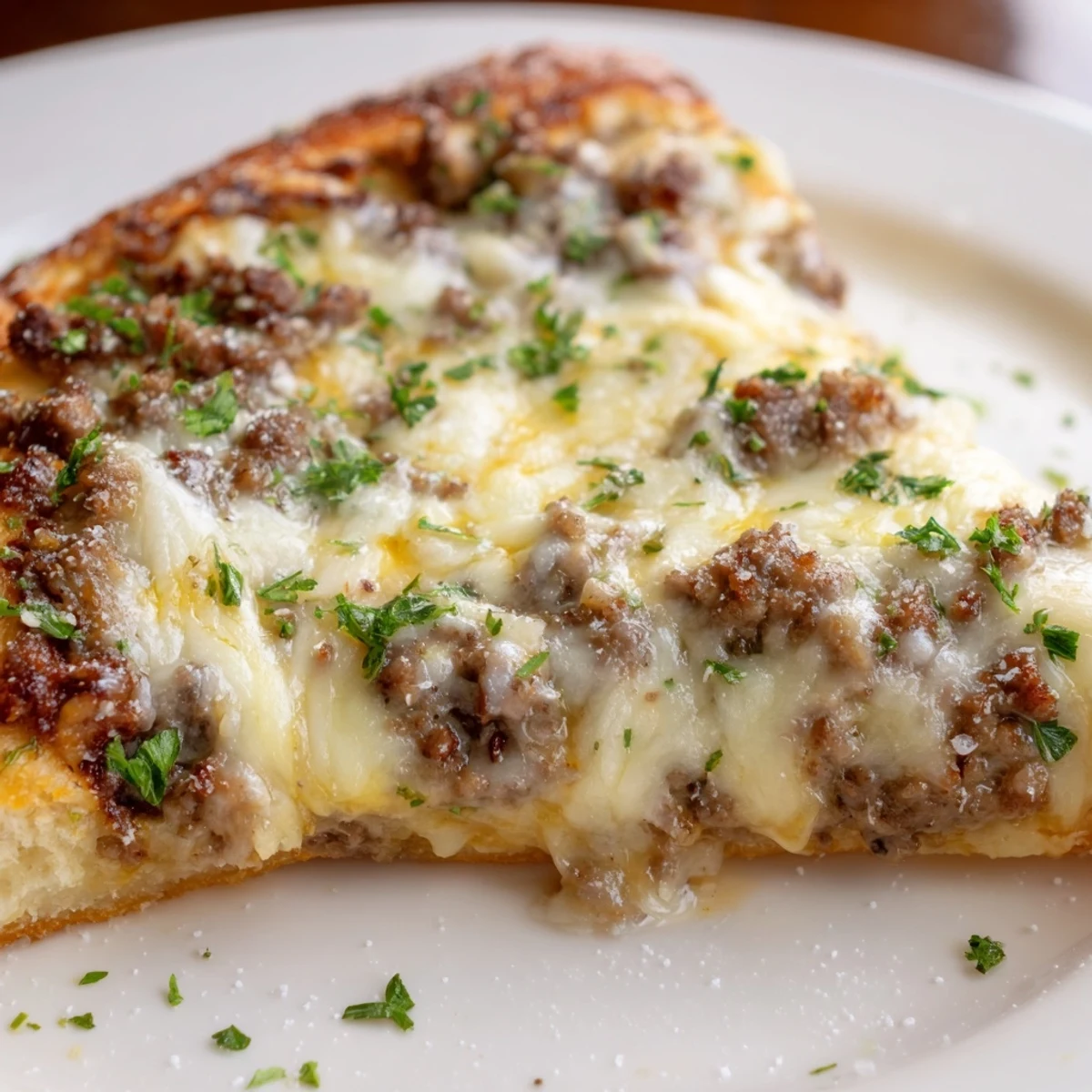 A close up shows the Ground Beef Alfredo Pizza, with its golden crust and creamy Alfredo sauce, ready to serve.