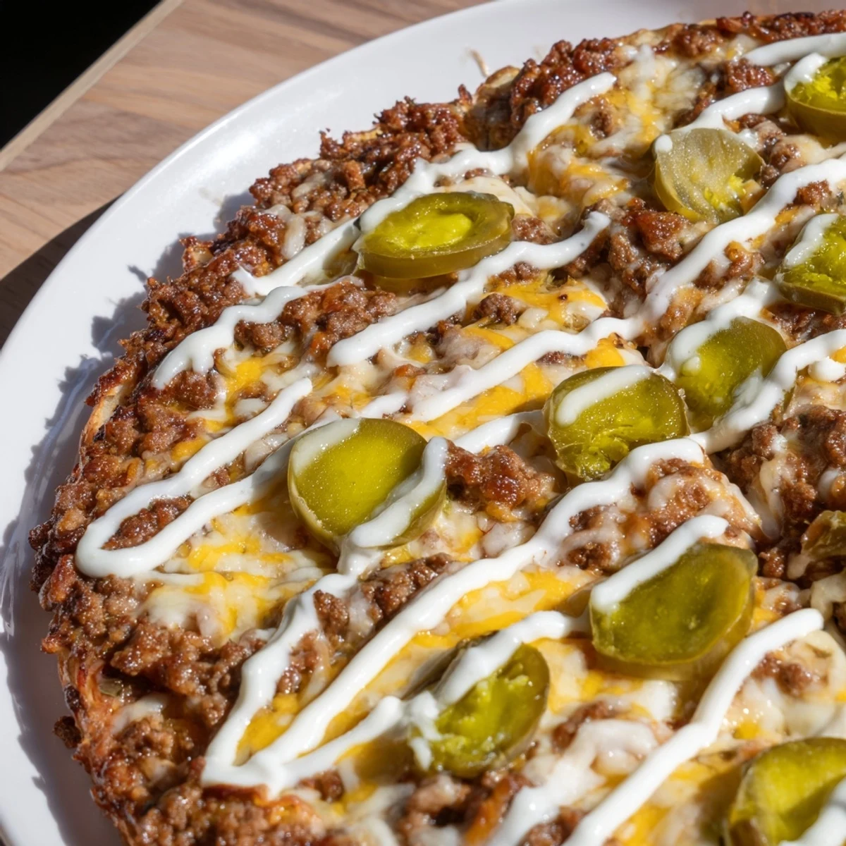 Hearty ground beef taco pizza with melted cheese, finished with a creamy sour cream drizzle.