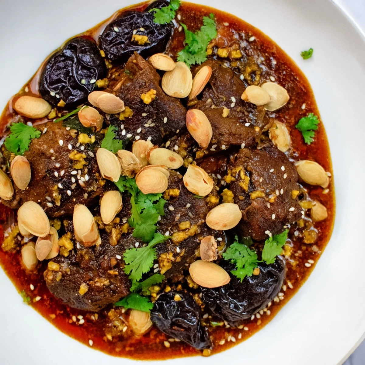 Close-up of a steaming Moroccan lamb tagine with prunes, almonds, and warm, inviting spices.