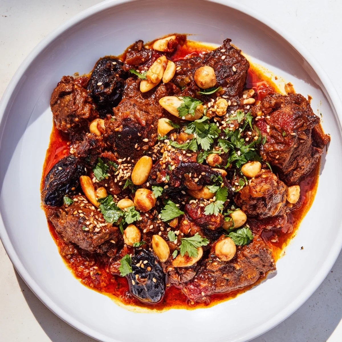 Tender lamb tagine, beautifully stewed with prunes and almonds, is a hearty Moroccan delight.