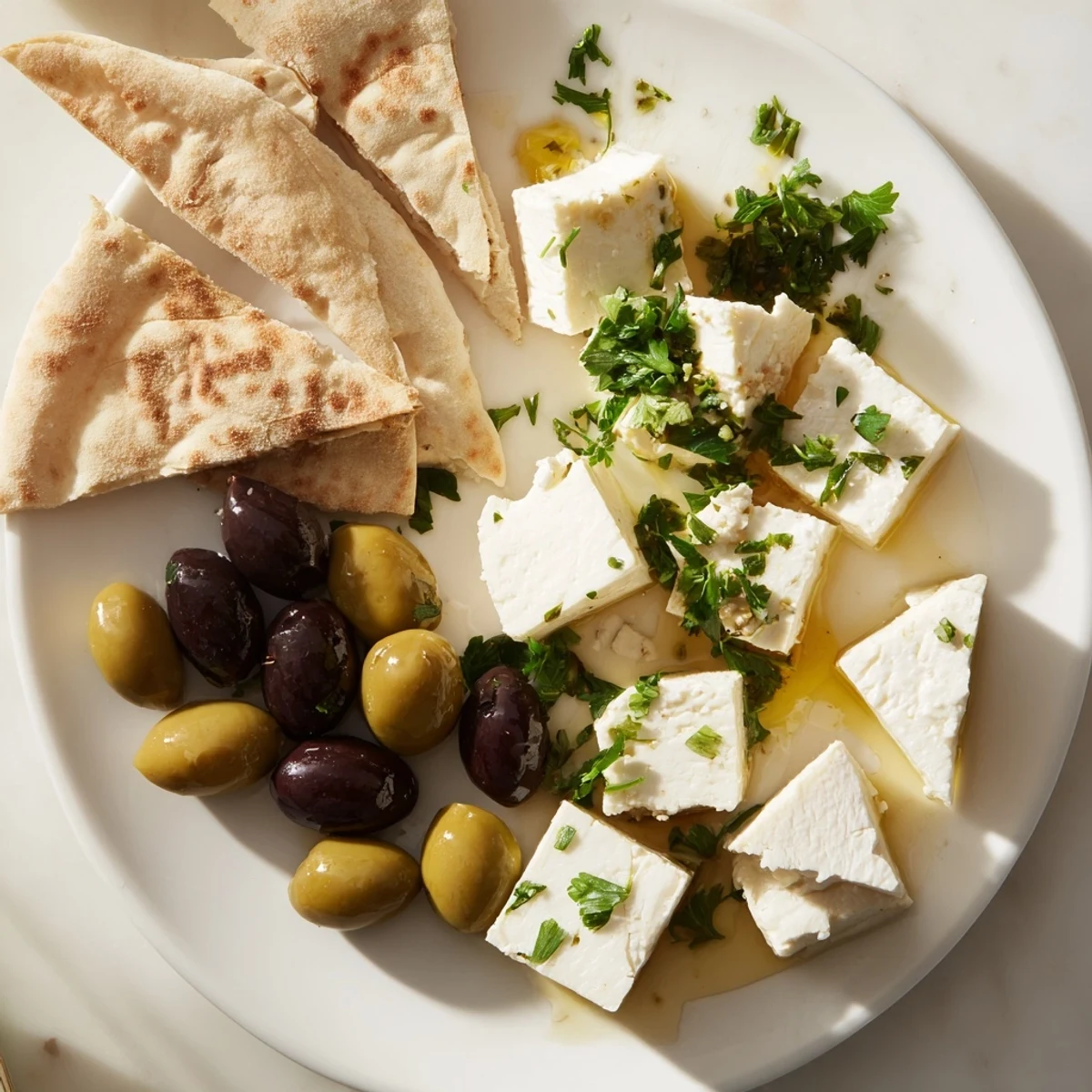 A photo shows a Turkish Olives & Cheese Board, brimming with olives, cheeses, and warm pita.